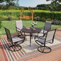 Sunshine Valley Outdoor Table and Chairs 5 -Piece Black Patio Dining Set Steel Square Table with 4 Brown Swivel Chairs