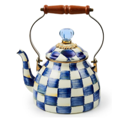MACKENZIE-CHILDS Enamel Tea Kettle, Stylish Tea Kettle for Stovetop, Blue-and-White Royal Check, 2 Quarts