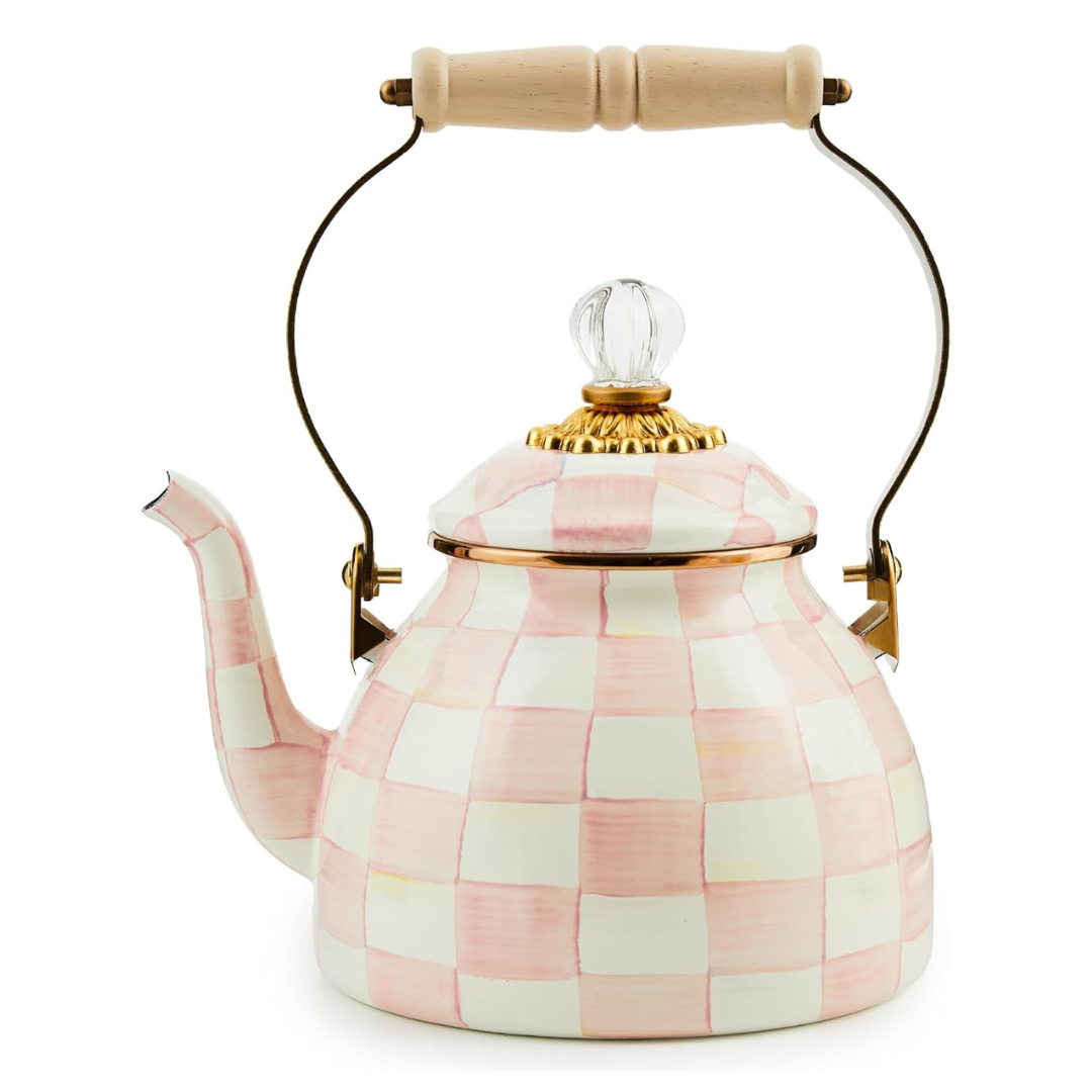 MACKENZIE-CHILDS Enamel Tea Kettle, Stylish Tea Kettle for Stovetop, Pink-and-White Rosy Check, 2 Quarts