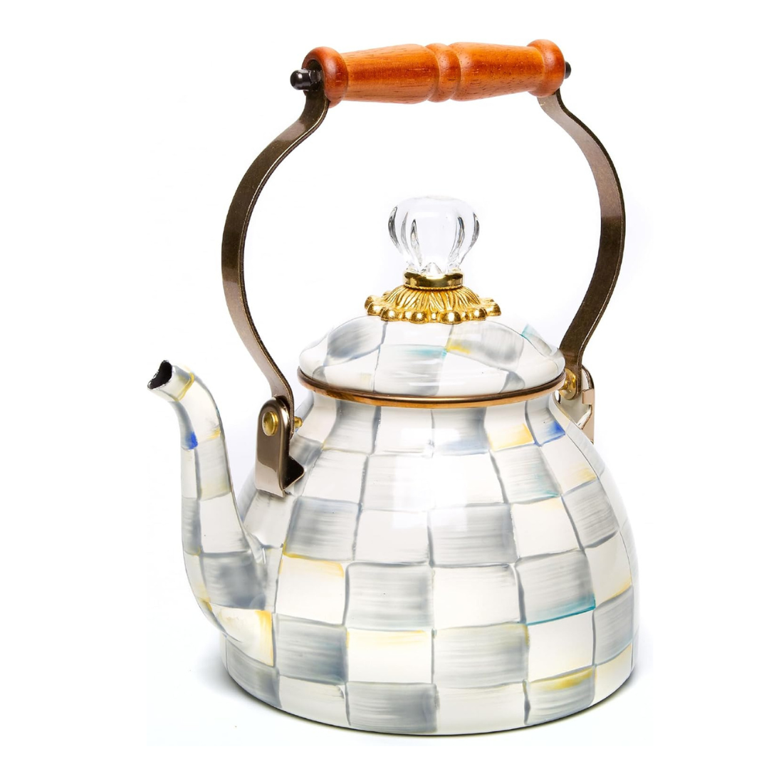 MACKENZIE-CHILDS Enamel Tea Kettle, Stylish Tea Kettle for Stovetop, Grey-and-White Sterling Check, 2 Quarts