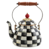 MACKENZIE-CHILDS Enamel Tea Kettle, Stylish Tea Kettle for Stovetop, Black-and-White Courtly Check, 2 Quarts