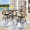 Sunshine Valley Outdoor Bar Height Bistro Set 3 -Piece Black Rattan Patio Dining Set Steel Square Table with 2 Beige Cushions Swivel Chairs