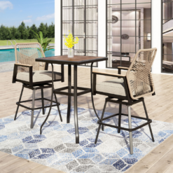Sunshine Valley Outdoor Bar Height Bistro Set 3 -Piece Black Rattan Patio Dining Set Steel Square Table with 2 Beige Cushions Swivel Chairs
