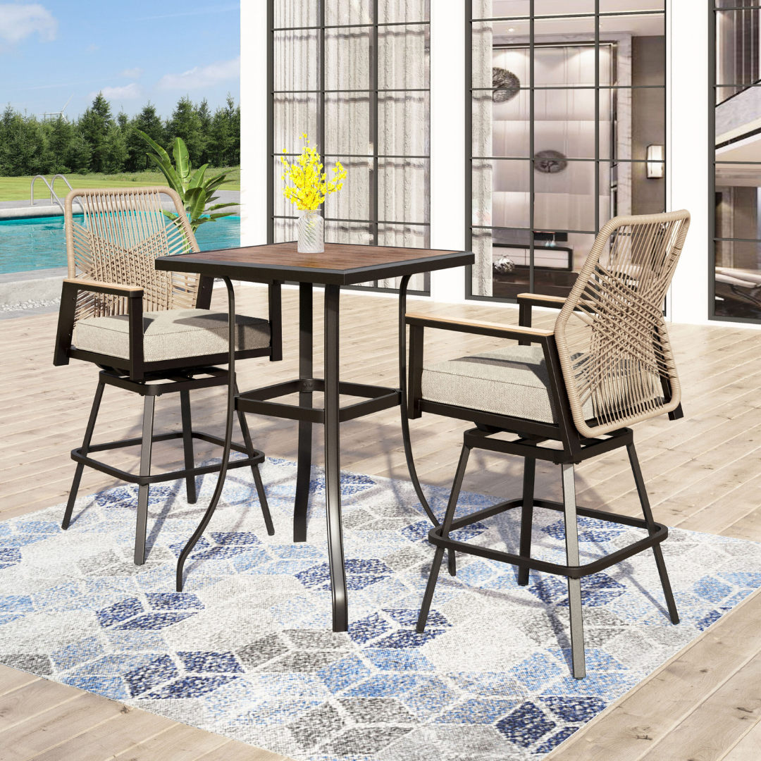 Sunshine Valley Outdoor Bar Height Bistro Set 3 -Piece Black Rattan Patio Dining Set Steel Square Table with 2 Beige Cushions Swivel Chairs
