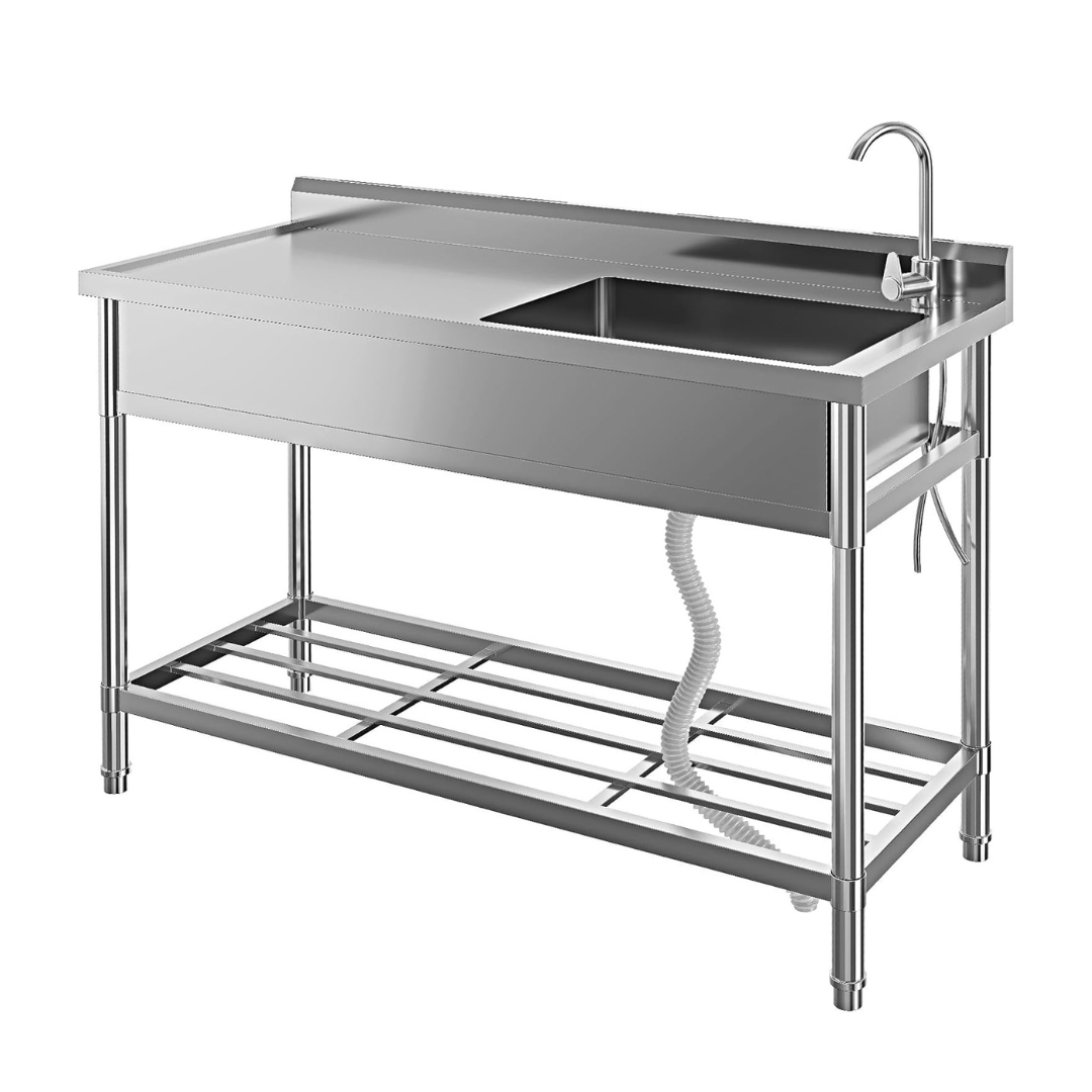 Garvee Stainless Steel Utility Sink Free Standing Single Bowl Sink with Faucet Legs Cold and Hot Water Pipe for Laundry Kitchen Garage Outdoor Garden Heavy-Duty Easy to Clean