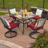 Nuu Garden 5 -Piece Black Patio Dining Set Iron Square Table with 4 Red Cushions Swivel Chairs