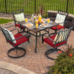 Nuu Garden 5 -Piece Black Patio Dining Set Iron Square Table with 4 Red Cushions Swivel Chairs