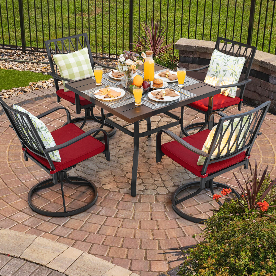 Nuu Garden 5 -Piece Black Patio Dining Set Iron Square Table with 4 Red Cushions Swivel Chairs