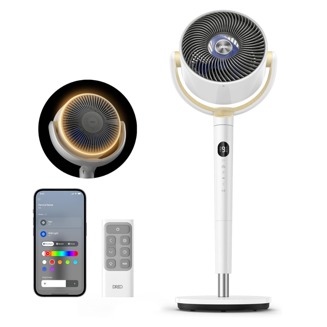 DREO Smart Fan for Bedroom, 120° +120° Omni-Directional Oscillating Fans, 100ft Quiet Pedestal Fan, White
