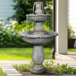 Watnature 48.4 in Concrete Rustic 3 Tier Outdoor Water Fountain with Flowerpot Top
