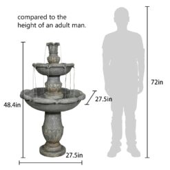 Watnature 48.4 in Concrete Rustic 3 Tier Outdoor Water Fountain with Flowerpot Top