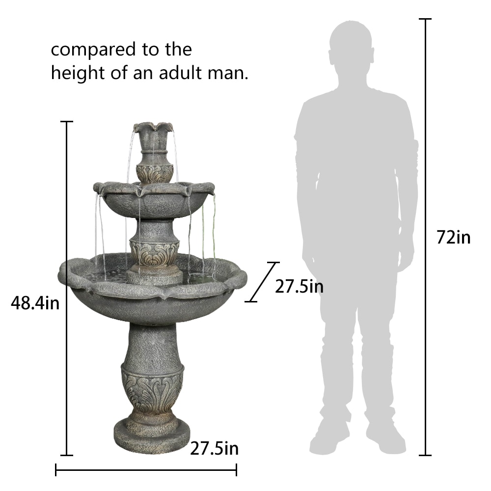 Watnature 48.4 in Concrete Rustic 3 Tier Outdoor Water Fountain with Flowerpot Top