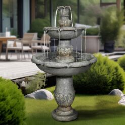 Watnature 48.4 in Concrete Rustic 3 Tier Outdoor Water Fountain with Flowerpot Top