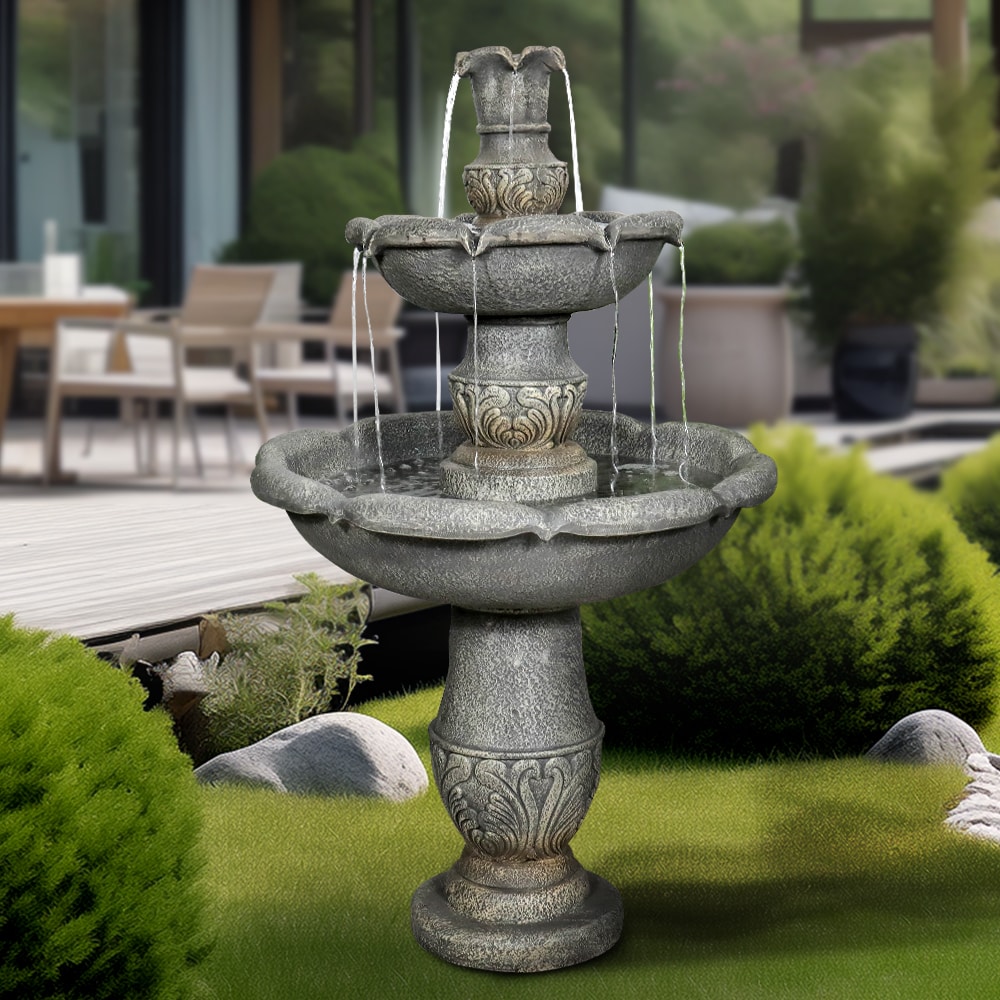 Watnature 48.4 in Concrete Rustic 3 Tier Outdoor Water Fountain with Flowerpot Top