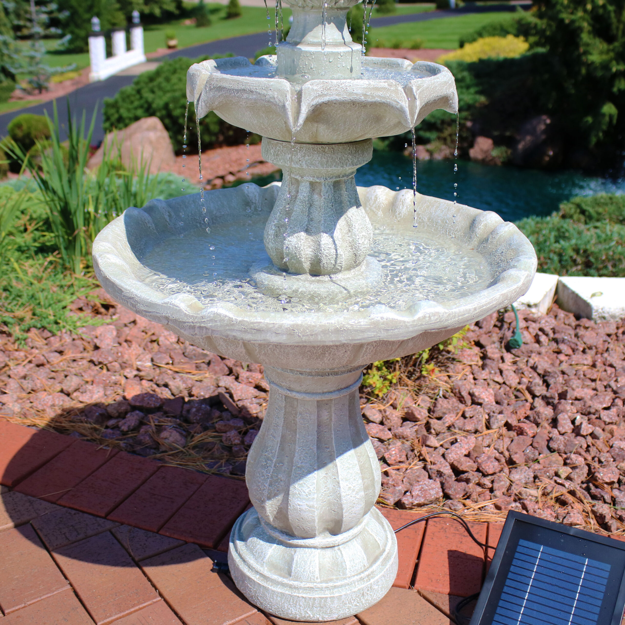 Sunnydaze Decor 35-in H Resin Solar Powered Tiered Outdoor Fountain Pump Included