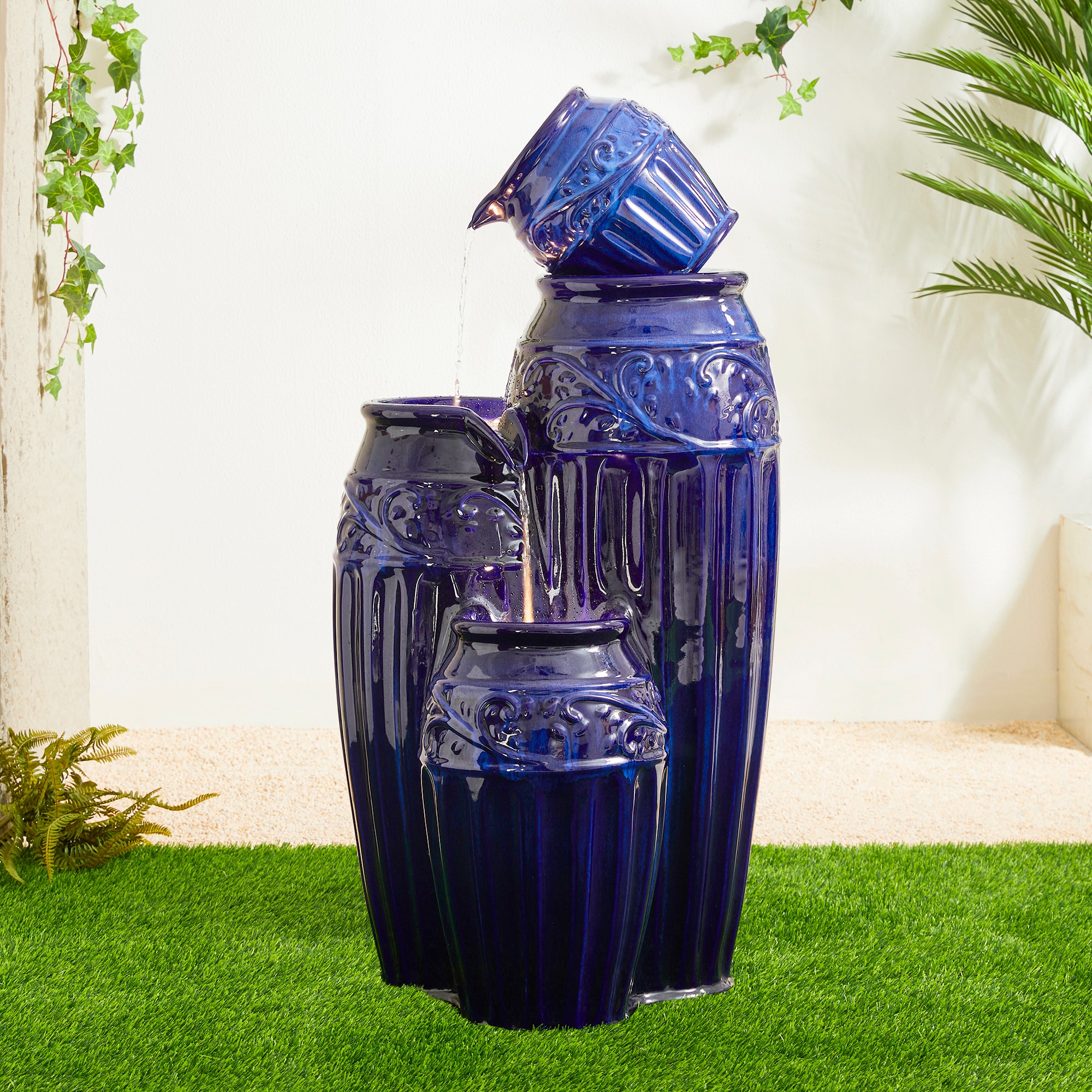 Glitzhome 35.5-in H Ceramic Tiered Outdoor Fountain Pump Included