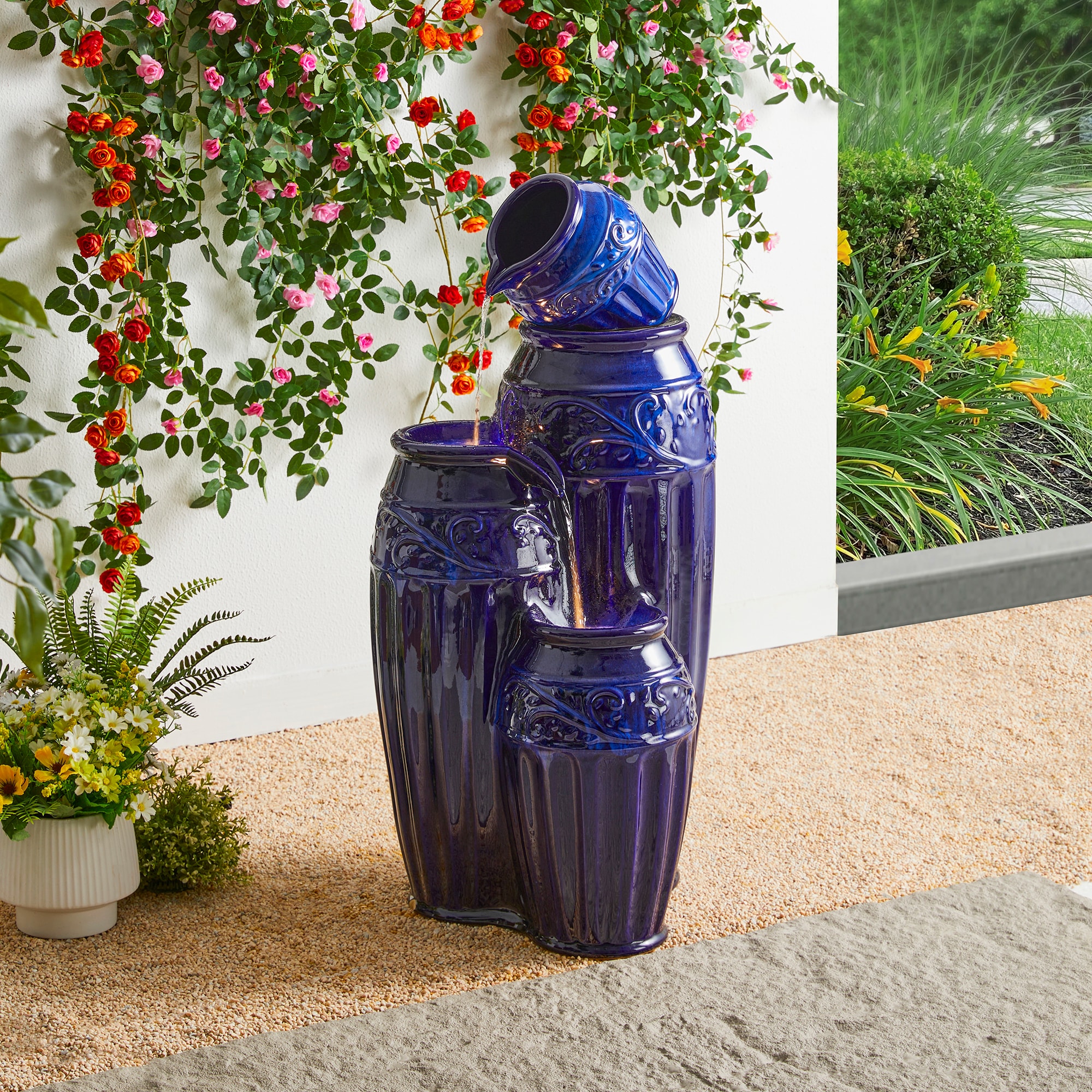 Glitzhome 35.5-in H Ceramic Tiered Outdoor Fountain Pump Included