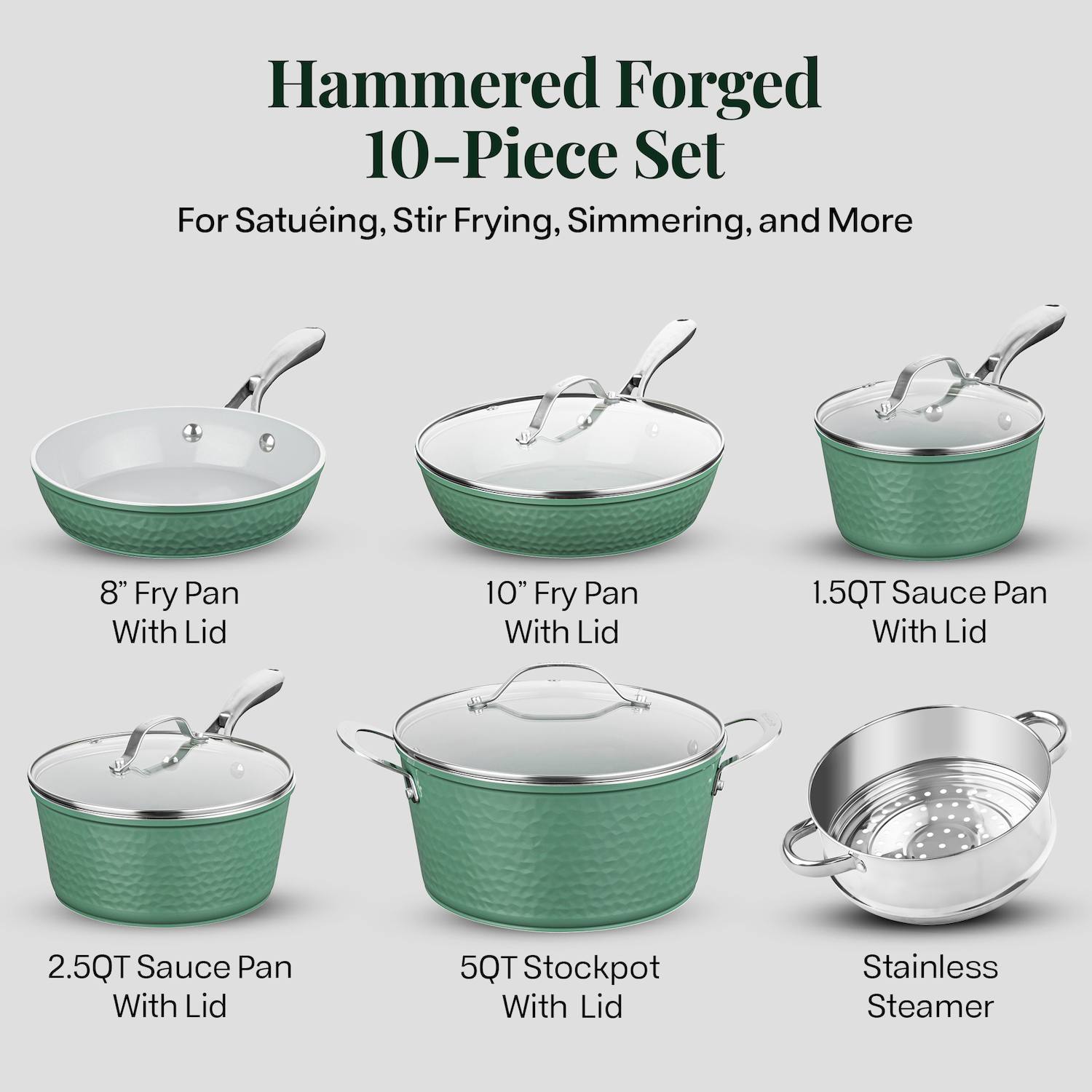 Gotham Steel Hammered 10-pc. Ceramic Nonstick Cookware Set - Green