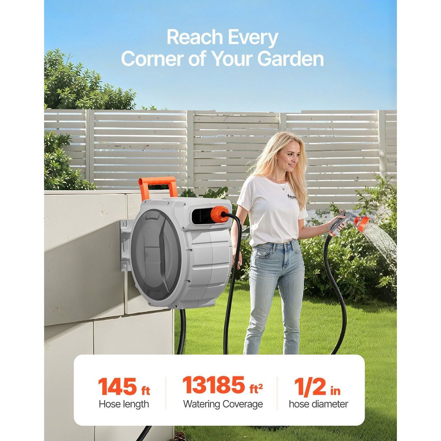 Retractable Wall-Mount Hose Reel with 9-Pattern Nozzle and Swivel Bracket