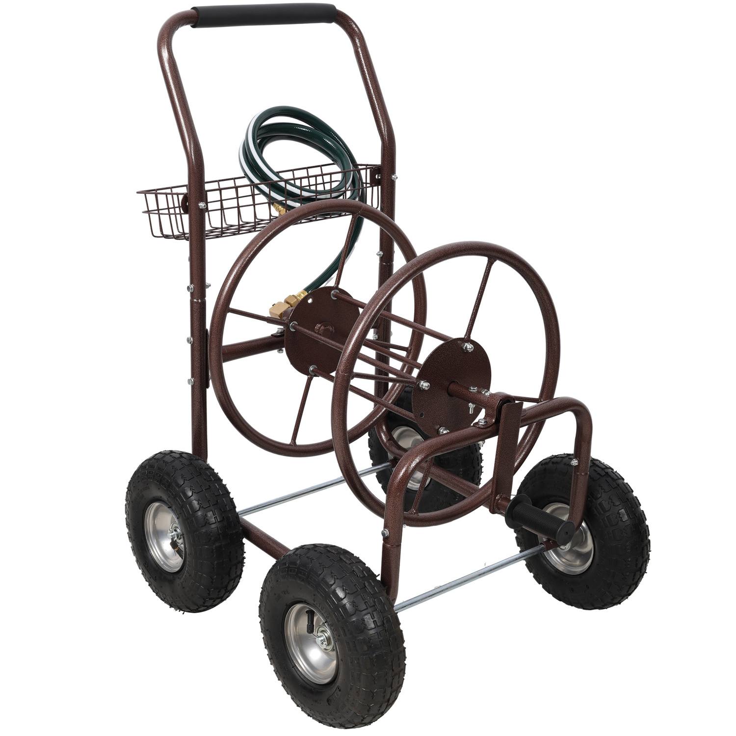 WOW PIONEER Heavy Duty Mobile Garden Hose Reel Cart with Storage Basket