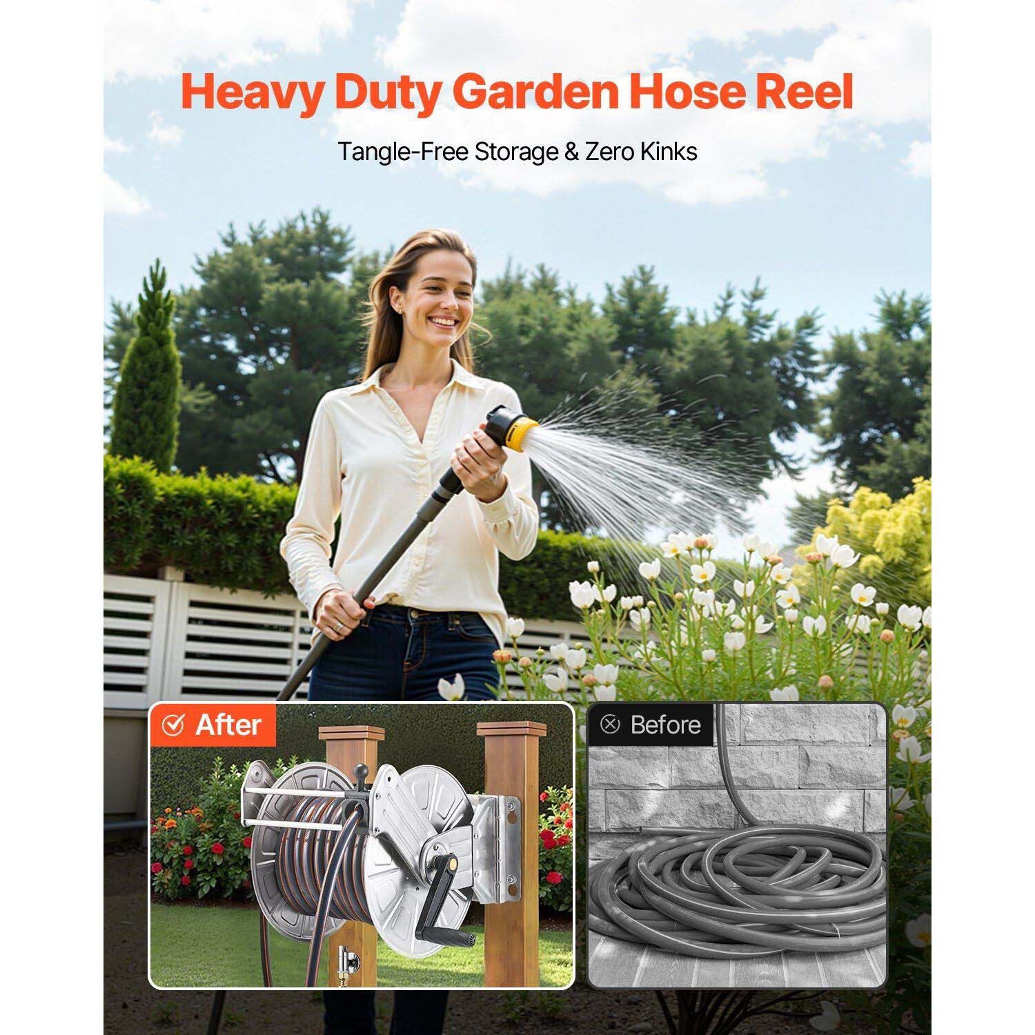 Wall-Mount Hose Reel for Garden, Patio, and Backyard with Tangle-Free Guide - Silver