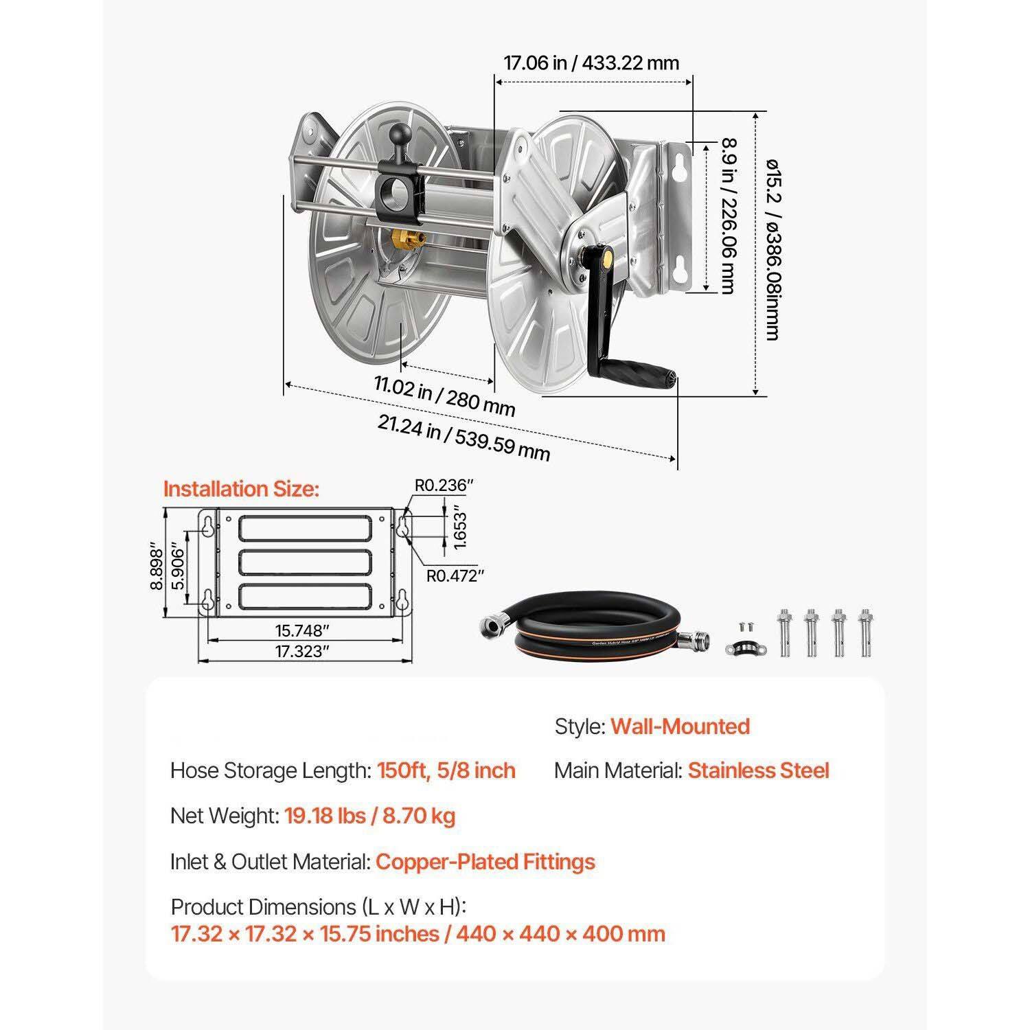 Wall-Mount Hose Reel for Garden, Patio, and Backyard with Tangle-Free Guide - Silver