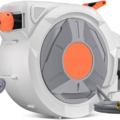 130 ft reel, wall mount, auto rewind, 180° swivel, 9-pattern nozzle, tangle-free.