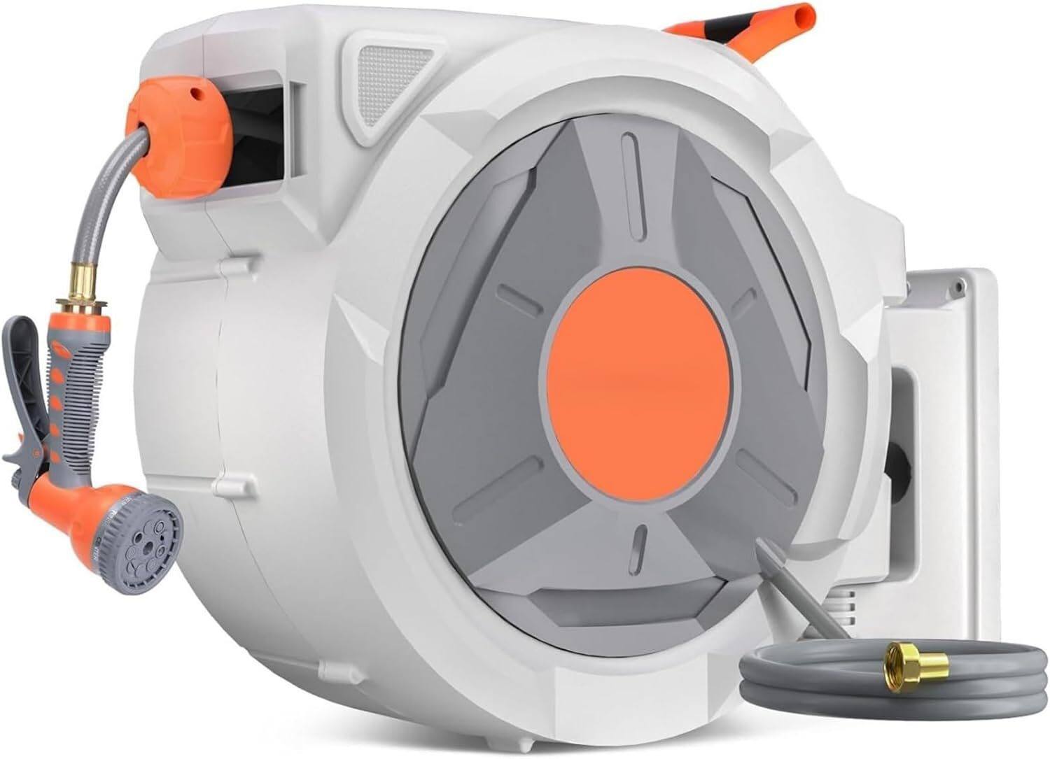 130 ft reel, wall mount, auto rewind, 180° swivel, 9-pattern nozzle, tangle-free.