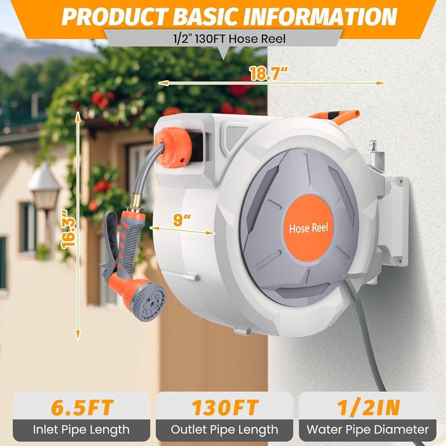 130 ft reel, wall mount, auto rewind, 180° swivel, 9-pattern nozzle, tangle-free.