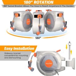 130 ft reel, wall mount, auto rewind, 180° swivel, 9-pattern nozzle, tangle-free.