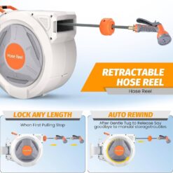 130 ft reel, wall mount, auto rewind, 180° swivel, 9-pattern nozzle, tangle-free.