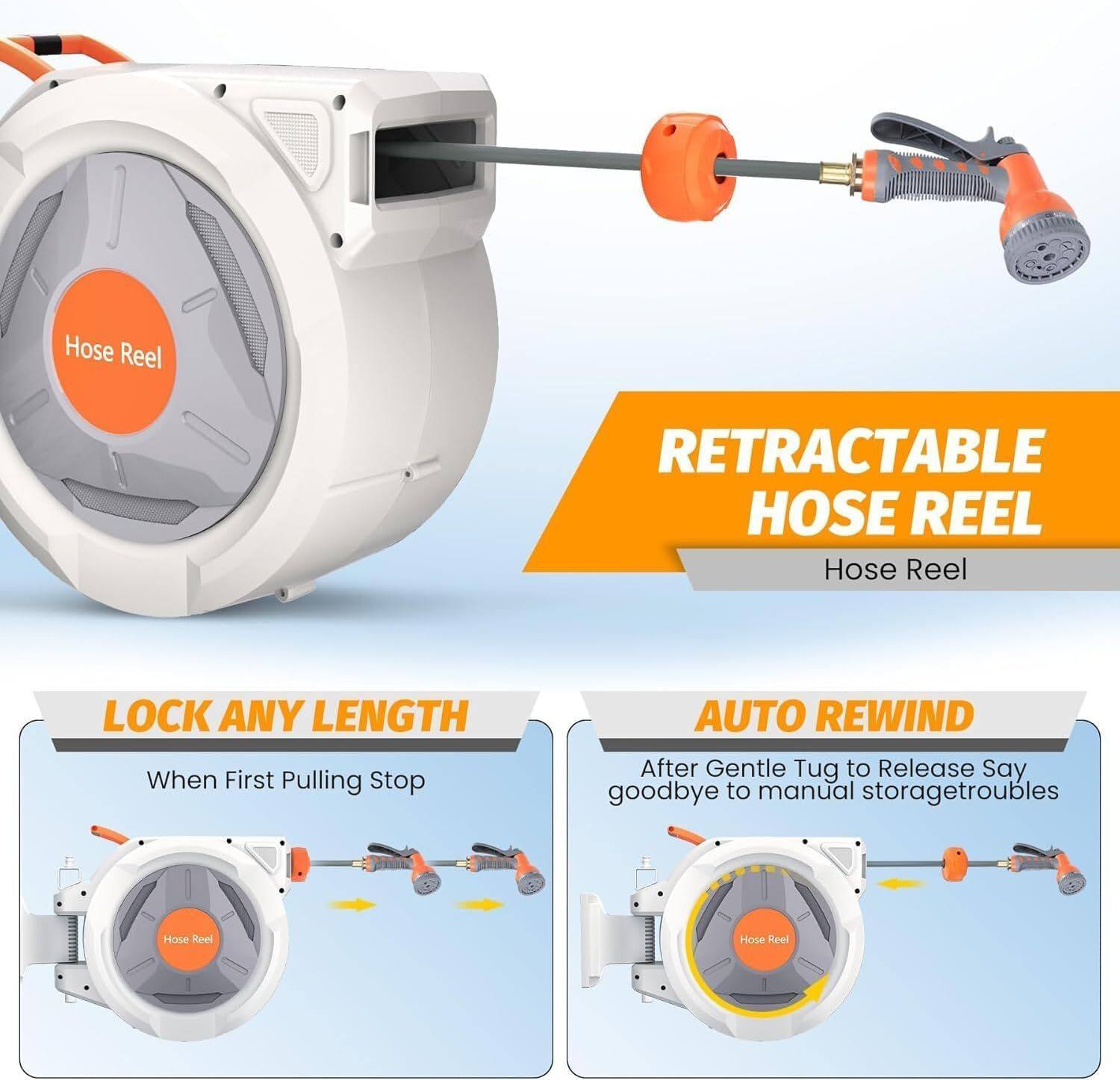 130 ft reel, wall mount, auto rewind, 180° swivel, 9-pattern nozzle, tangle-free.