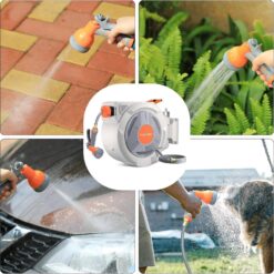130 ft reel, wall mount, auto rewind, 180° swivel, 9-pattern nozzle, tangle-free.