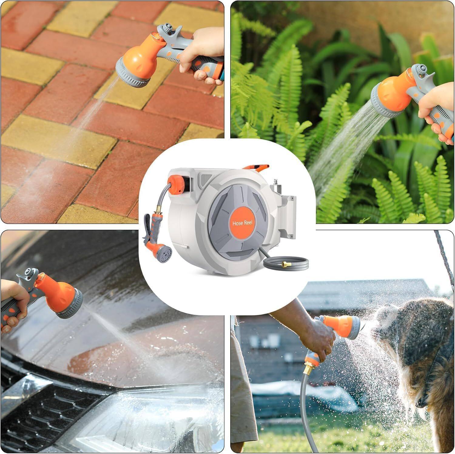 130 ft reel, wall mount, auto rewind, 180° swivel, 9-pattern nozzle, tangle-free.