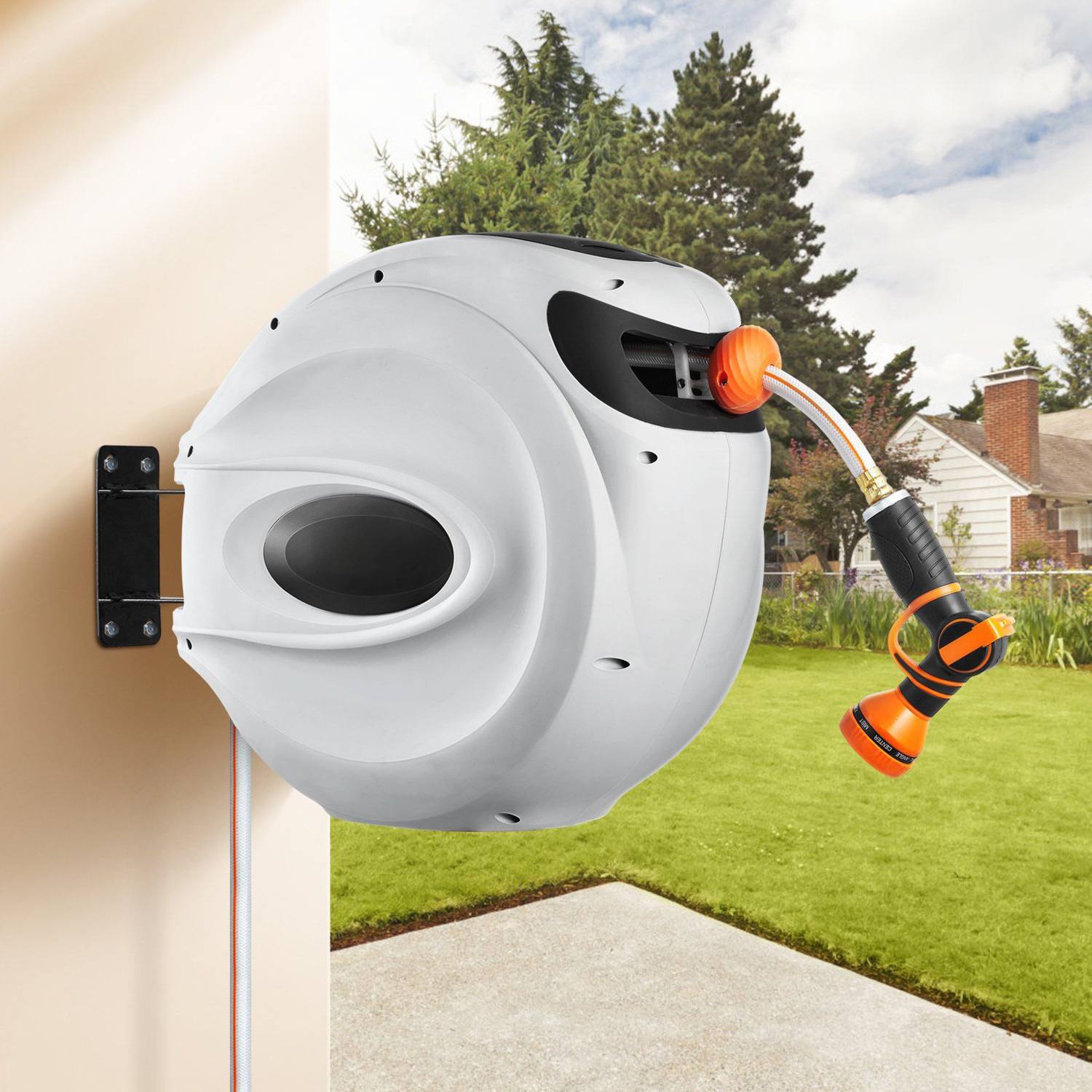 Retractable Wall-Mount Hose Reel with Auto Rewind and Swivel Bracket