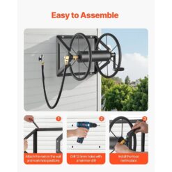 Wall-Mount Garden Hose Reel Stores Hoses Up to 200 ft with 5-Ft Lead Hose - Black