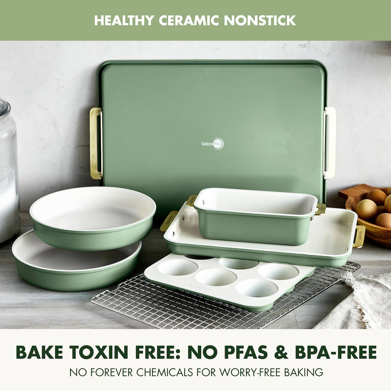 GreenPan Reserve Nonstick Bakeware 7-Piece Bakeware Set - Sage Green
