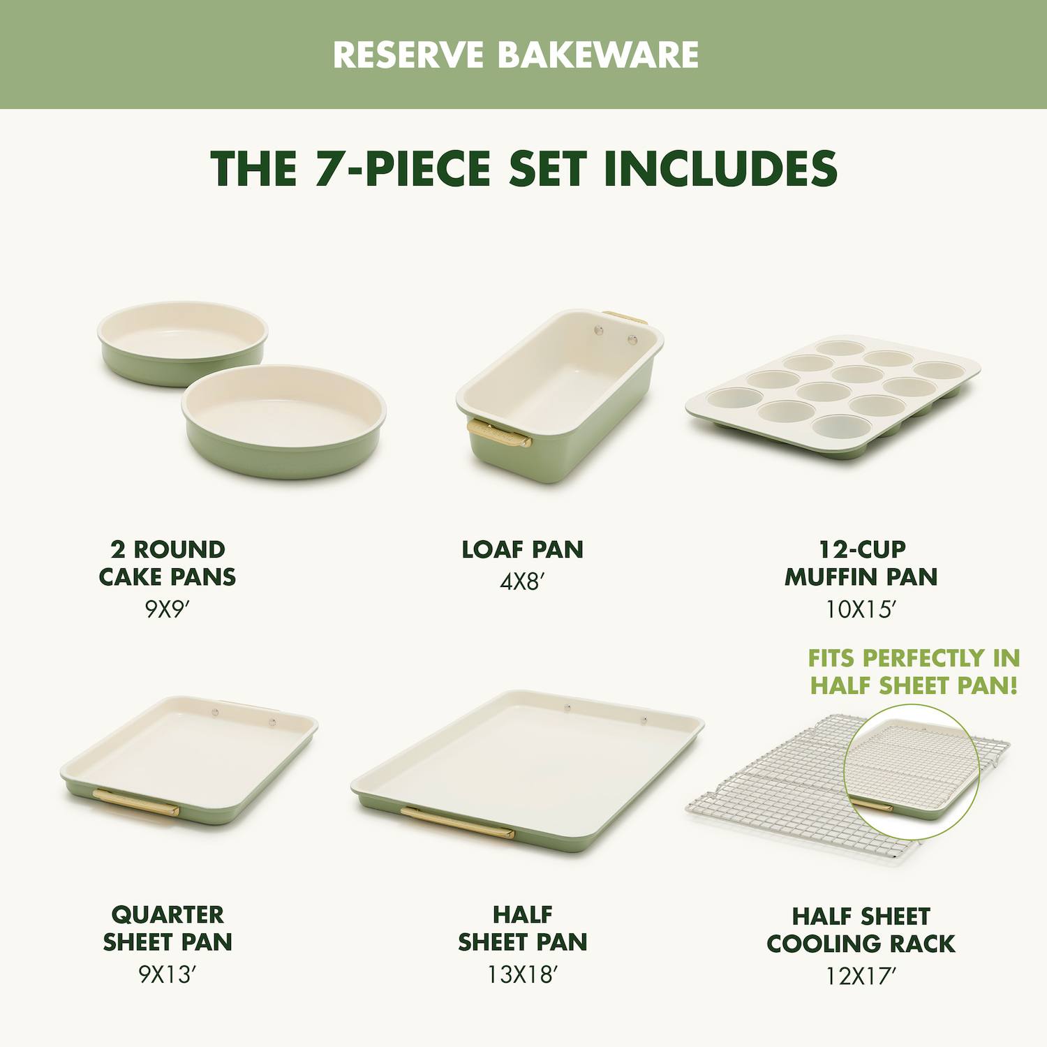 GreenPan Reserve Nonstick Bakeware 7-Piece Bakeware Set - Sage Green