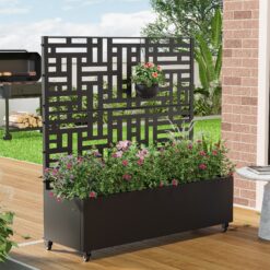 Wooakway 4-pc 4 ft. Hx 4 ft. W Raised Garden Bed Metal Planter Box with Trellis Wheels Privacy Screen Elevated Planter - Black