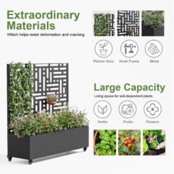 Wooakway 4-pc 4 ft. Hx 4 ft. W Raised Garden Bed Metal Planter Box with Trellis Wheels Privacy Screen Elevated Planter - Black