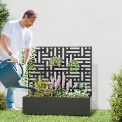 Wooakway 2-pc 4 ft. Hx 4 ft. W Raised Garden Bed Metal Planter Box with Trellis Wheels Privacy Screen Elevated Planter - Black