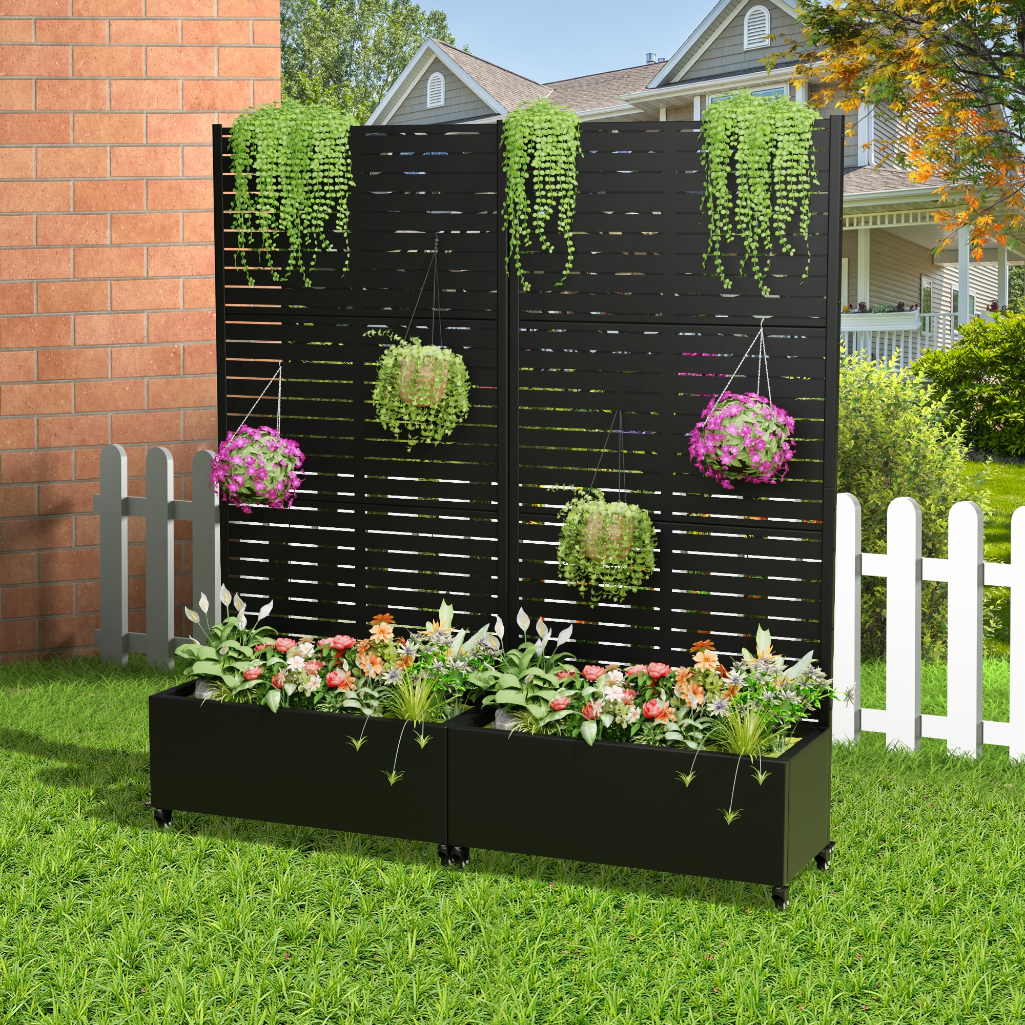 Wooakway 2-pc 6 ft. Hx 3 ft. W Raised Garden Bed Metal Planter Box with Trellis Wheels Privacy Screen Elevated Planter - Black