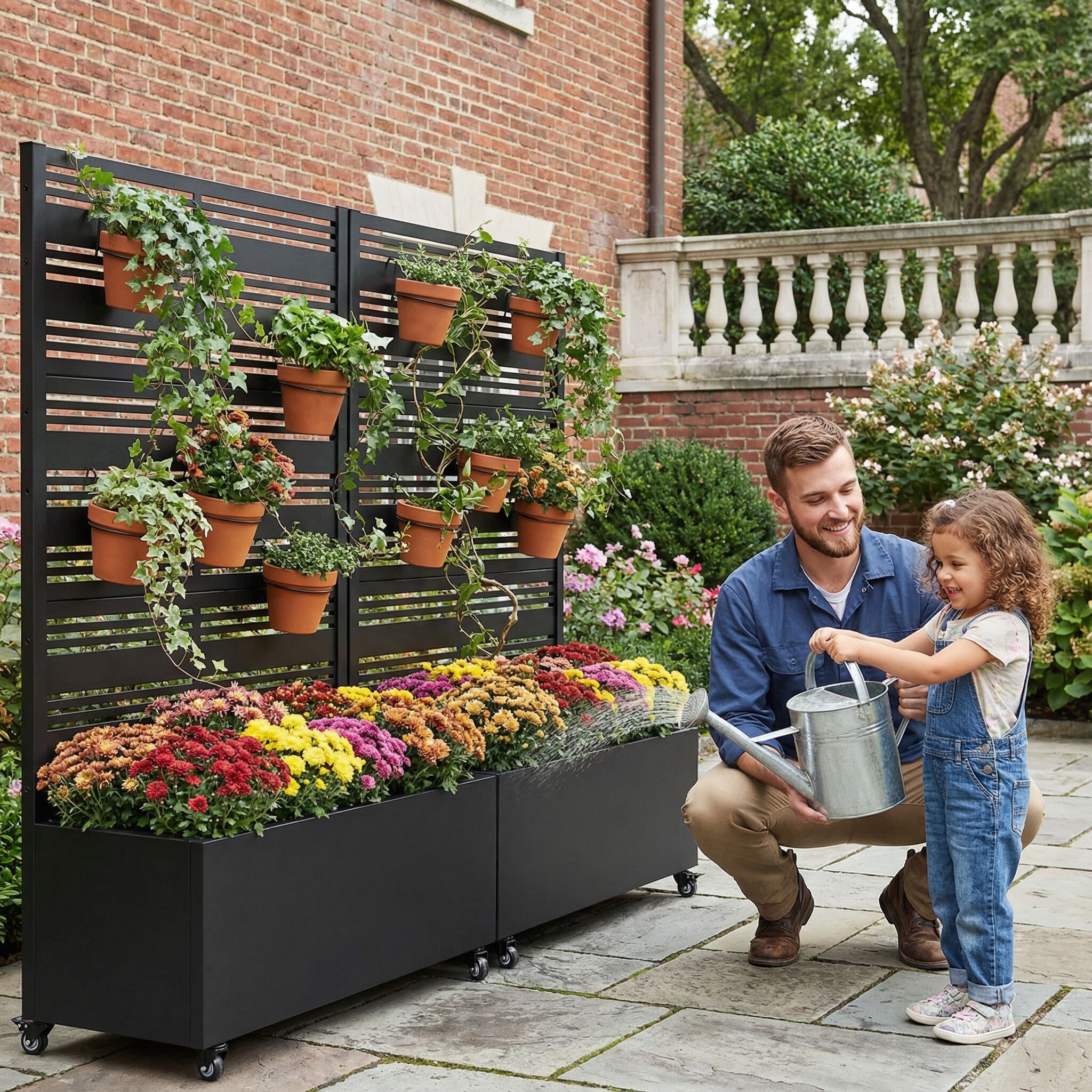 Wooakway 47 in.H x 47 in.W Black Metal Planter Box with Trellis and Wheels (Set of 2)