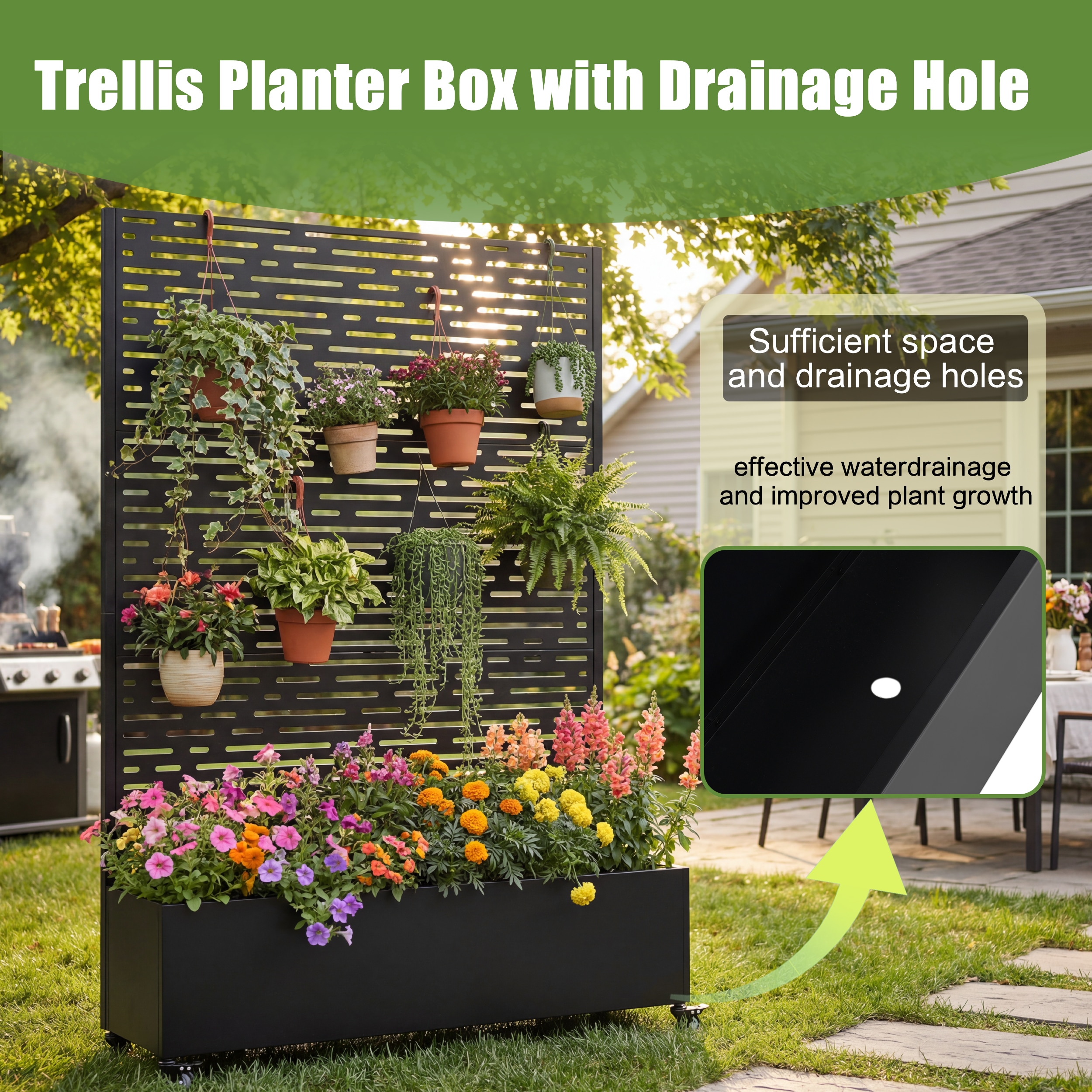 Blisstyle Metal Raised Garden Bed with Wheels and Trellis 73 Inchx47 Inchx16 Inch Planter Box