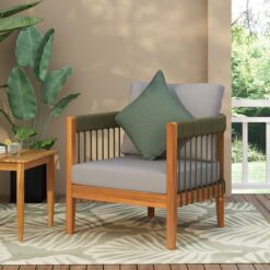 Homy Casa AWODC Garden Outdoor Club Chair Set of 1 Green Acacia Wood with Handwoven Rope and Ashen Grey Cushions