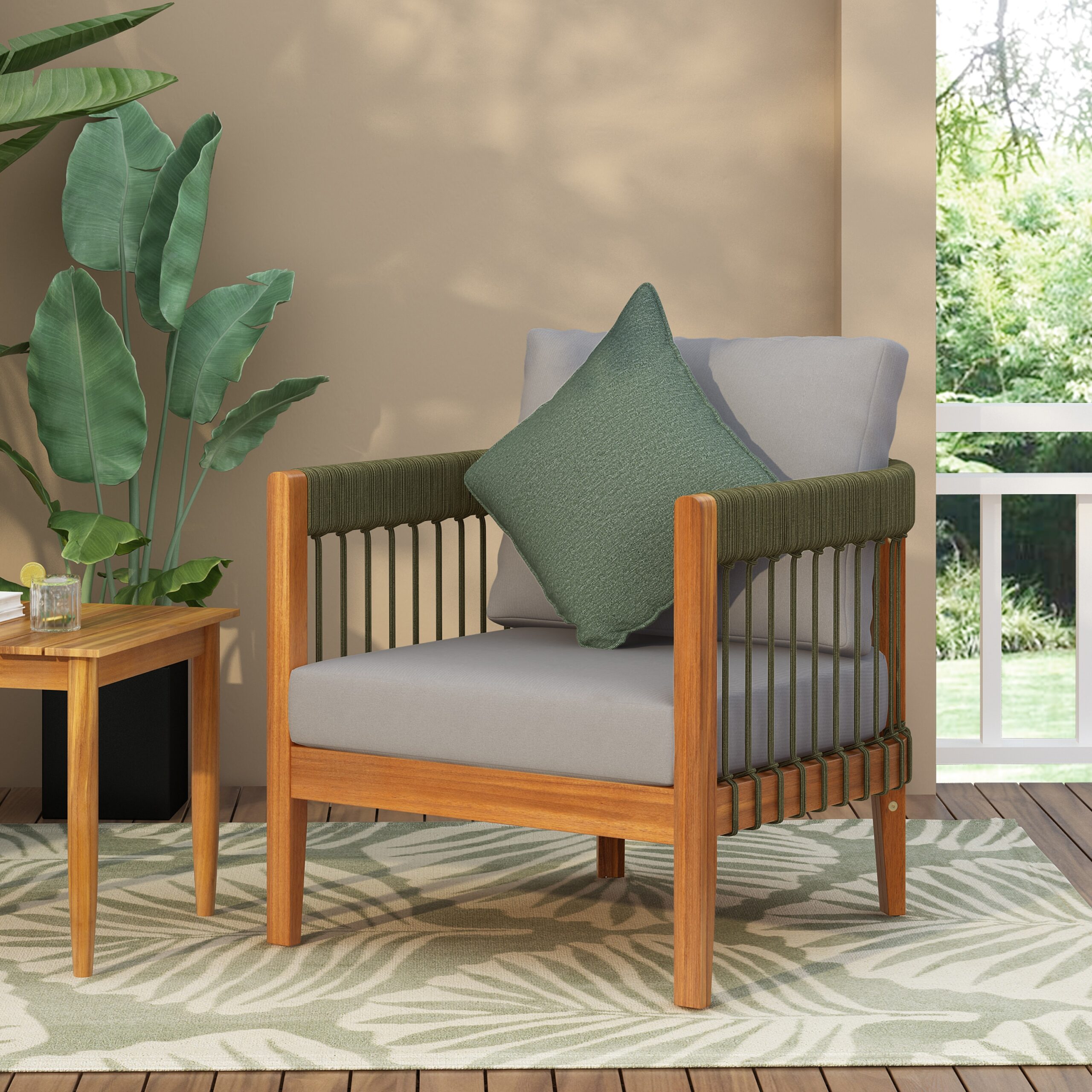 Homy Casa AWODC Garden Outdoor Club Chair Set of 1 Green Acacia Wood with Handwoven Rope and Ashen Grey Cushions