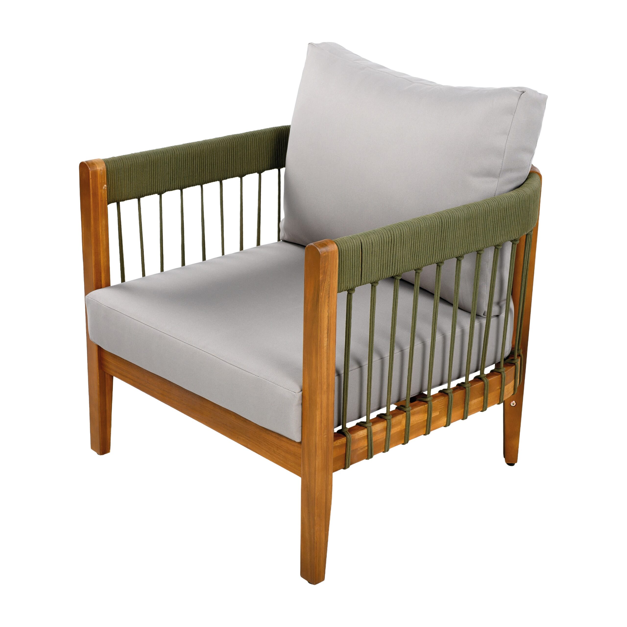 Homy Casa AWODC Garden Outdoor Club Chair Set of 1 Green Acacia Wood with Handwoven Rope and Ashen Grey Cushions