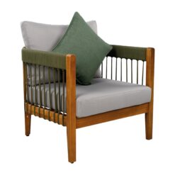 Homy Casa AWODC Garden Outdoor Club Chair Set of 1 Green Acacia Wood with Handwoven Rope and Ashen Grey Cushions