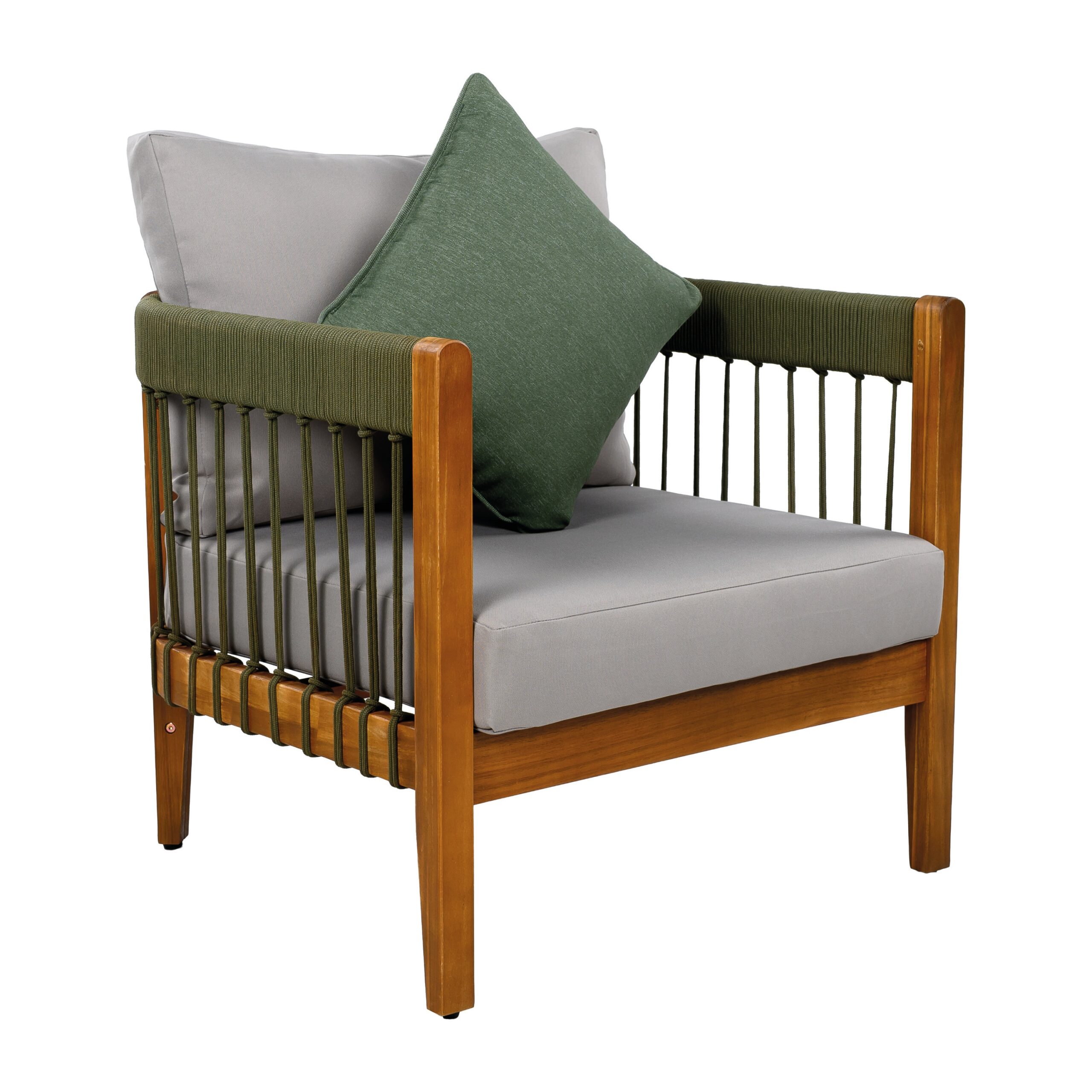 Homy Casa AWODC Garden Outdoor Club Chair Set of 1 Green Acacia Wood with Handwoven Rope and Ashen Grey Cushions