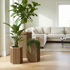 Vynxaria Chestnut Wood Tone Aluminum Hexagon Column Planter with Drainage Adjustable Depth 1 Pack (13 in L x 11 in W x 22 in H)